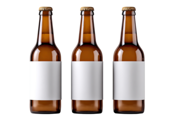 Three amber glass bottles, each with a blank white label, sit in a row, against a black background.  The bottles have a classic,  wide neck shape and screw-on caps