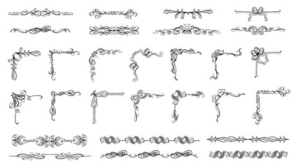 Flourish Corner and Divider Elements Set. Hand Drawn Vector Ornaments