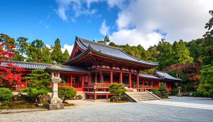Fototapeta premium Beautiful Japanese temple nestled among lush greenery under a blue sky