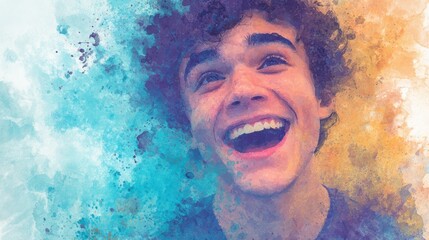 Joyful Young Man With Artistic Splash Background in Vibrant Colors