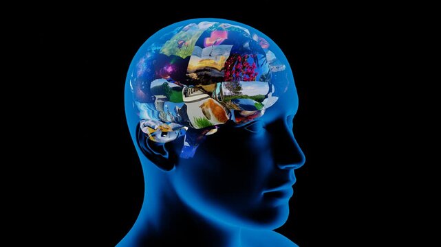 Human head with brain made of animated video clips collage and neurons firing