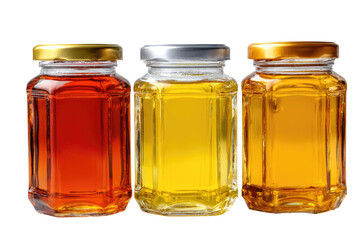 Three glass jars, octagonal shape, filled with different colored liquids, likely honey or syrup.  Metal lids in gold and silver