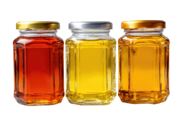 Three glass jars, octagonal shape, filled with different colored liquids, likely honey or syrup.  Metal lids in gold and silver