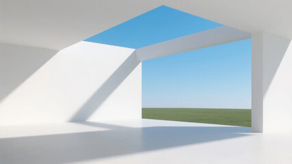 Modern architectural opening framing a serene landscape under a clear blue sky