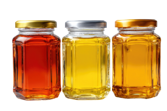 Three glass jars, octagonal shape, filled with different colored liquids, likely honey or syrup.  Metal lids in gold and silver