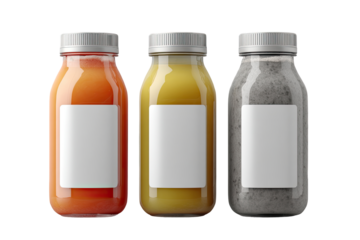 Three clear glass bottles, each with a light gray cap and a blank rectangular label. The bottles hold  orange, yellow, and gray-colored beverages