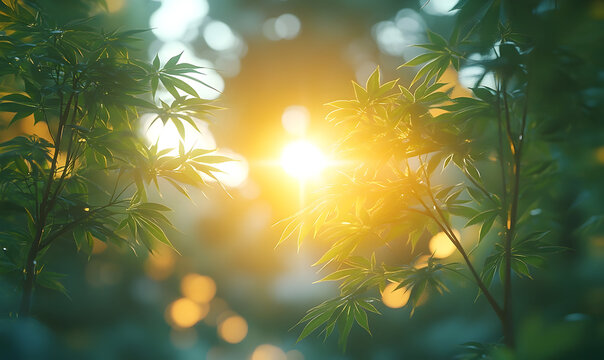 Golden Hour Sunlight Filtering Through Lush Green Foliage