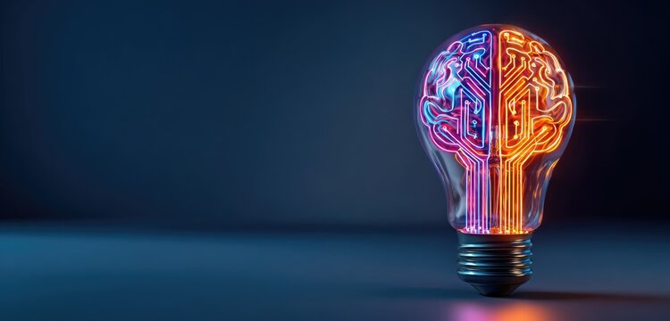 A lightbulb with a brain design, glowing with neon colors