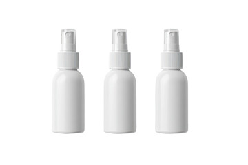 Three identical white plastic spray bottles