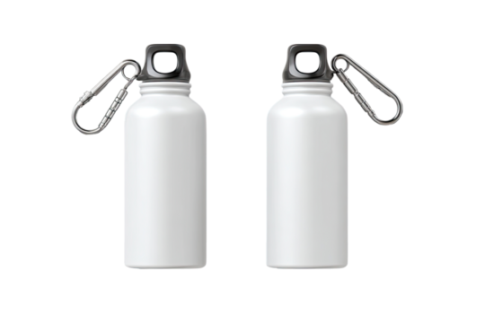 Two identical white metal water bottles, side-by-side, featuring gray caps and attached carabiner clips