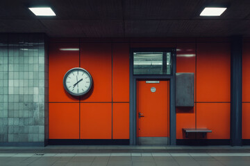 Clock ticking on orange wall in empty subway station