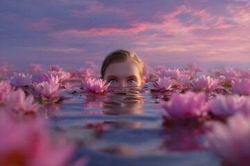 Portrait of a woman emerging from a calm lake filled with lotuses at dusk. Only the eyes and the top of the head are visible above the rippling water, staring straight ahead with an air of mystery
