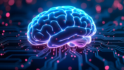 Blue abstract illustration of the human brain with technology and intelligence, depicted as a 3D computer scan of the anatomy