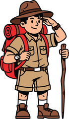 Cartoon Explorer Character Saluting with Walking Stick and Backpack — Adventurous Hiking Boy in Safari Outfit for Travel and Nature Themes