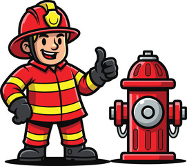  Cartoon Firefighter with Thumbs-Up by Red Hydrant — Heroic Mascot for Safety, Emergency Response, and Kids Educational Themes