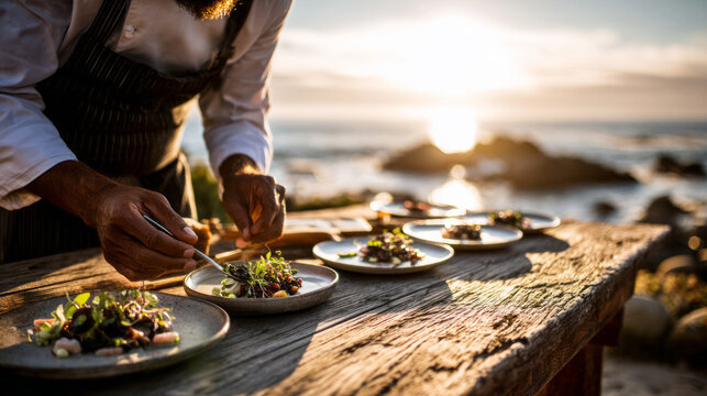 Elegant food plating by chef at rustic seaside table during sunset, highlighting slow food, seasonal ingredients, and mindful dining