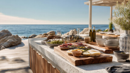 Naklejka premium Outdoor kitchen by the sea with gourmet appetizers, cheeses, and olive oil on a stone counter, evoking Mediterranean summer dining