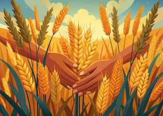 Hands gently holding ripe wheat in a golden field © Najmul Design Hub