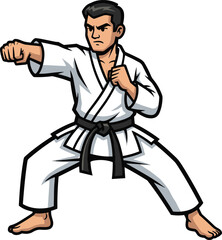  Cartoon Karate Master in Fighting Stance — White Gi and Black Belt Character for Martial Arts, Discipline, and Action Themes.