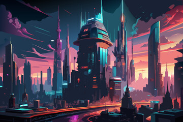 Futuristic cityscape at dusk with neon lights and dramatic sky