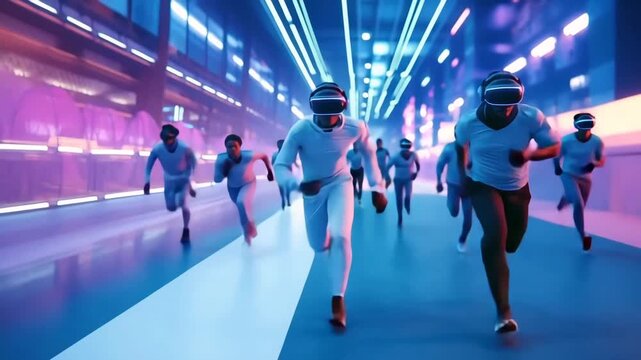 Futuristic Esports Athlete Sprints Toward Camera in Neon-Lit Gaming Arena &ndash; Cinematic Dolly Tracking Shot with Blurred Background Competitors and Fast-Paced Action