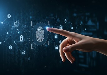 A futuristic concept of data security, with a finger about to activate a glowing fingerprint authentication system.