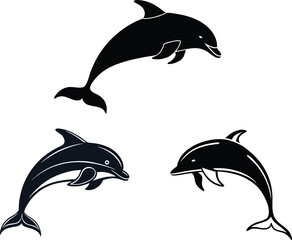 Vector cartoon illustration of a set of dolphins jumping in the ocean waves