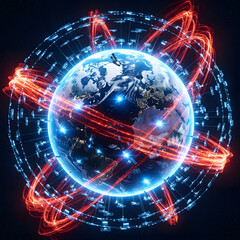 Fototapeta premium Global Network: A stunning view of Earth enveloped in a vibrant network of digital connections, highlighting the interconnectedness and technological advancements of our modern world.
