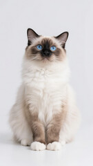 A fluffy Birman cat with striking blue eyes and a light-colored coat sits gracefully against a white background.
