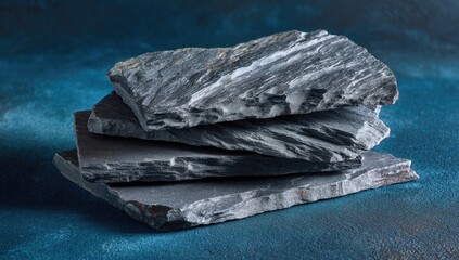 Stack of dark gray slate slabs on a textured blue surface