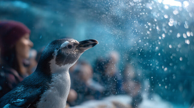 A thoughtful penguin stares through glass at a crowd, evoking themes of observation, loneliness, and environmental awareness