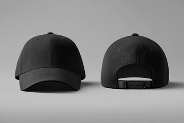 Two views of a blank black baseball cap