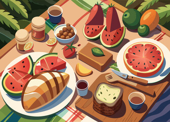 A delightful summer picnic spread with fresh fruits and bread