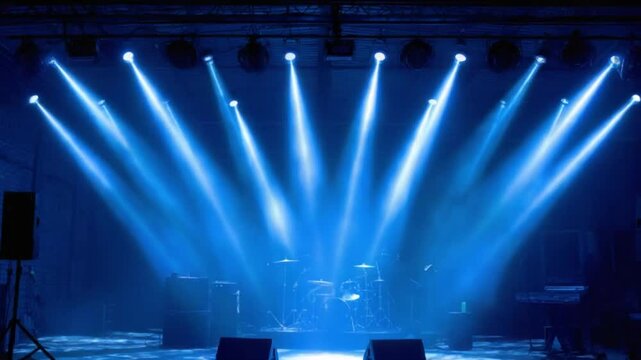 Stage bathed in blue light, with drum kit, speakers, amps, and keyboards visible
