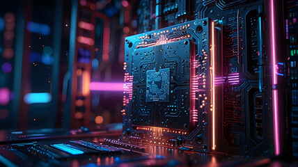 Close-up macro of an electronic circuit board with a processor and fiber optics background, representing the intricate connection and data flow in modern computer technology