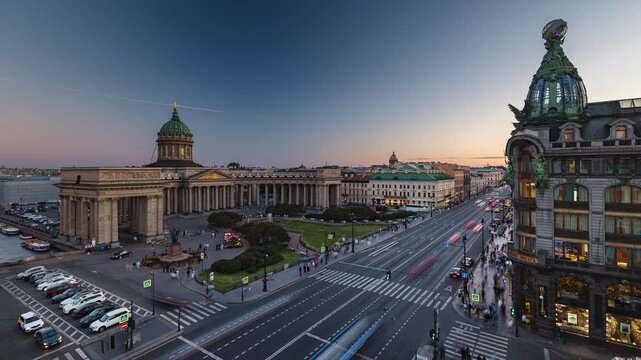 sunset twilight time saint petersburg famous traffic street avenue rooftop panorama timelapse 4k russia 