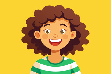 Happy girl with curly brown hair and green striped shirt