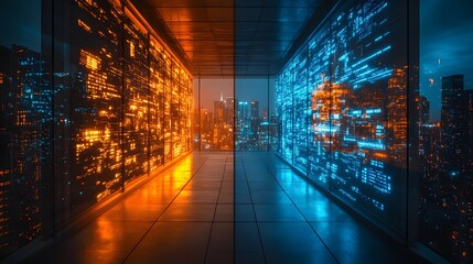 Abstract modern corridor split by warm and cool colors, featuring circuit-board lighting reflecting a city. Disaster background concept with technology elements. Striking visual.