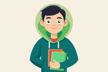 Smiling young student in a teal hoodie holding books