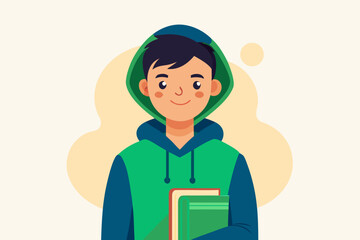 Smiling young person in a green hoodie holding books