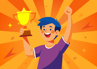 Joyful boy celebrates winning a golden trophy with a raised fist
