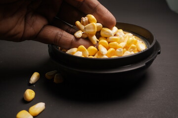 Sweet Corn : Corn kernels are small maize fruits containing a hard shell, dense starch-filled endosperm, and embryo germ essential for growth