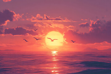 a sunset with birds flying over the ocean