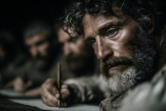 Three adult men sitting at table writing on paper during educational class in prison setting, focusing on learning and completing assignments