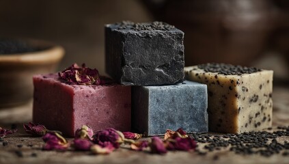 Close-up of four square soaps, stacked, with dried flowers and seeds