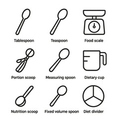 Fototapeta premium Portion Control Tools Icons. Outline icon set of portion control tools: tablespoon, teaspoon, food scale, portion scoop, measuring