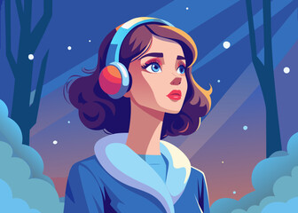 Woman with headphones enjoying a winter evening stroll