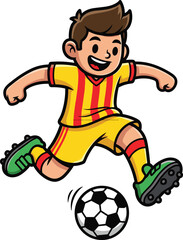  Cartoon Soccer Player Mid-Kick — Dynamic Character in Yellow-Red Uniform for Sports Mascot, Action Scenes, and Athletic Themes