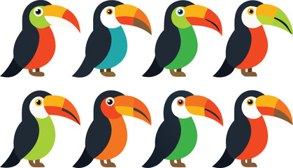 Naklejka premium Colorful Cartoon Toucan Birds in Different Styles Vector Collection