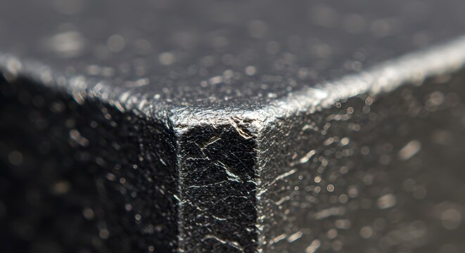 Metal edge block shows industrial texture with sharp corners and weathered surface details captured in a close macro photography style.